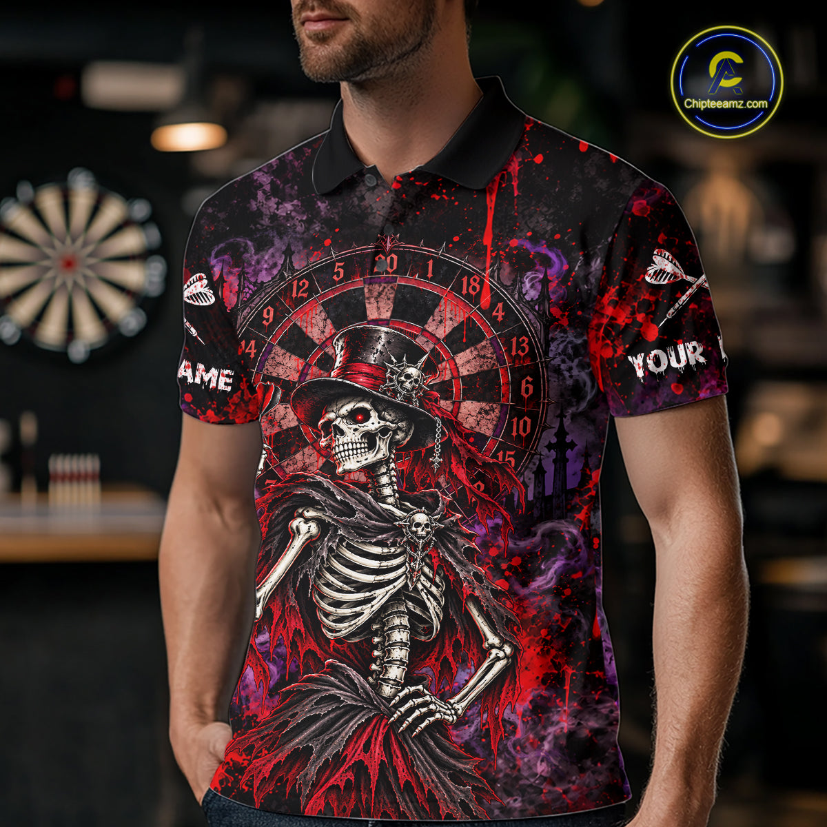 Custom Skeleton Darts Shirt for Men Purple Red Gothic Dart Team Jersey Dartboard Shirt DHT88
