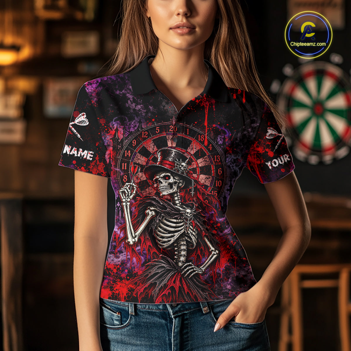 Custom Skeleton Darts Shirt for Women Purple Red Gothic Dart Team Jersey Dartboard Shirt DHT88