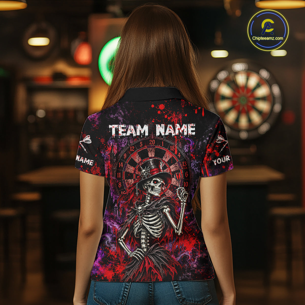 Custom Skeleton Darts Shirt for Women Purple Red Gothic Dart Team Jersey Dartboard Shirt DHT88