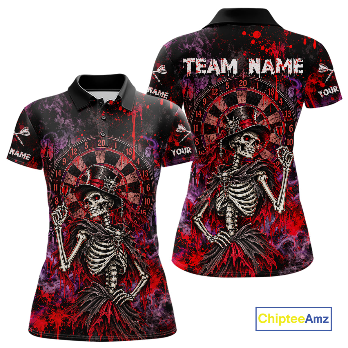 Custom Skeleton Darts Shirt for Women Purple Red Gothic Dart Team Jersey Dartboard Shirt DHT88