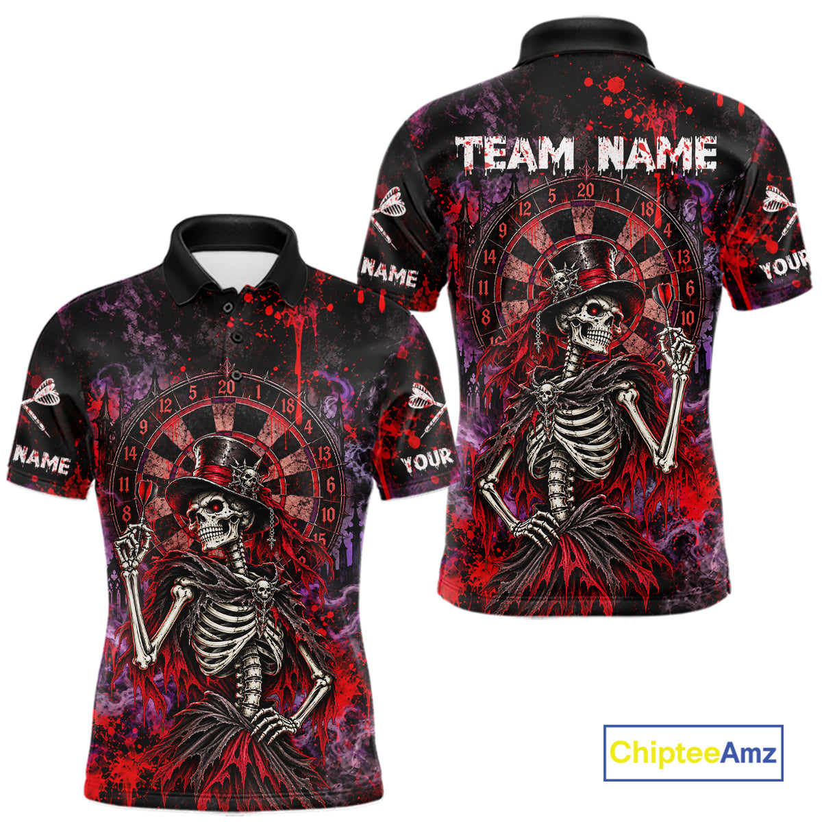 Custom Skeleton Darts Shirt for Men Purple Red Gothic Dart Team Jersey Dartboard Shirt DHT88