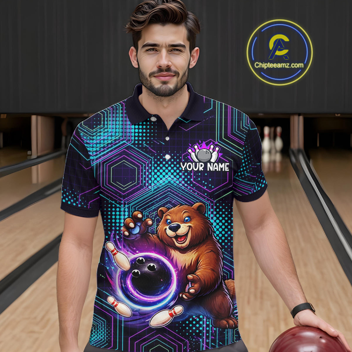 Custom Funny Bear Bowling Shirt for Men Bowling League Jersey Polo & 1/4 Zip Bowling Outfit QZT986