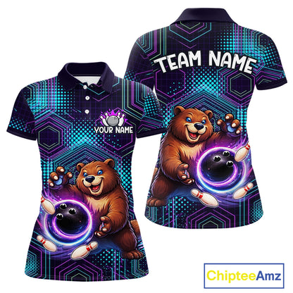 Custom Funny Bear Bowling Shirt for Women Bowling League Jersey Polo & 1/4 Zip Bowling Outfit QZT986