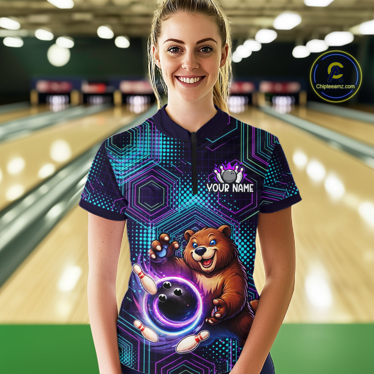 Custom Funny Bear Bowling Shirt for Women Bowling League Jersey Polo & 1/4 Zip Bowling Outfit QZT986