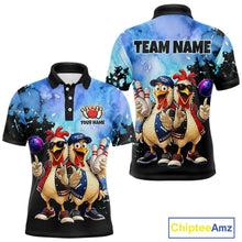 Load image into Gallery viewer, Colorful polo shirt with cartoon chickens and customizable text on a white background