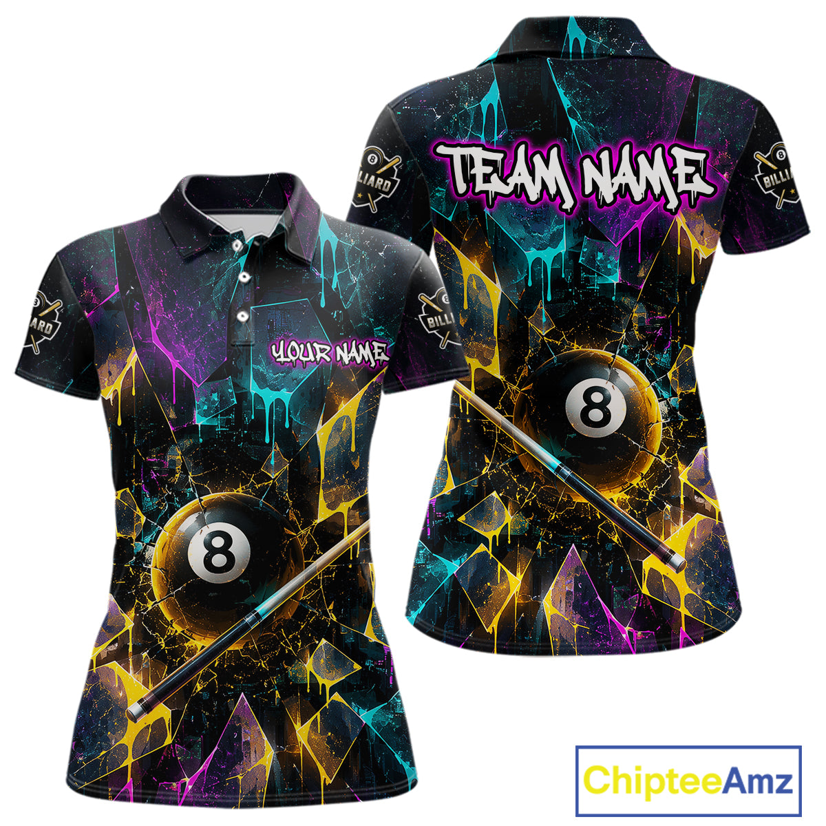Front and back view custom colorful shattered glass 8 ball billiard polo shirt featuring personalized team name design