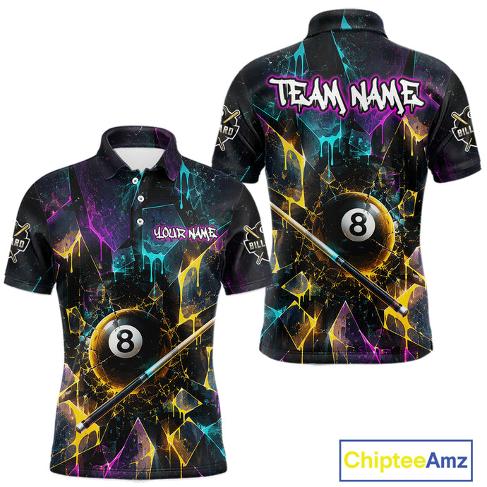 Front and back view custom colorful shattered glass 8 ball billiard polo shirt featuring personalized team name design