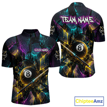 Front and back view custom colorful shattered glass 8 ball billiard quarter-zip shirt featuring personalized team name design