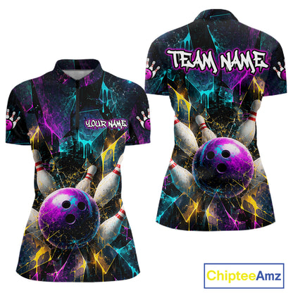 Front and back views of a short-sleeve bowling-themed quarter-zip shirt with a vibrant purple, blue, and yellow graffiti-style print featuring bowling balls and pins, on a white background with a ChipteeAmz logo in the bottom right corner.