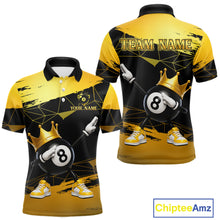 Load image into Gallery viewer, Front and back view custom black and gold geometric crown 8 ball billiard polo shirt featuring personalized team name design