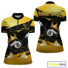 Load image into Gallery viewer, Front and back view custom black and gold geometric crown 8 ball billiard quarter-zip shirt featuring personalized team name design