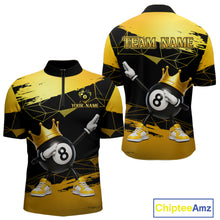 Load image into Gallery viewer, Front and back view custom black and gold geometric crown 8 ball billiard quarter-zip shirt featuring personalized team name design
