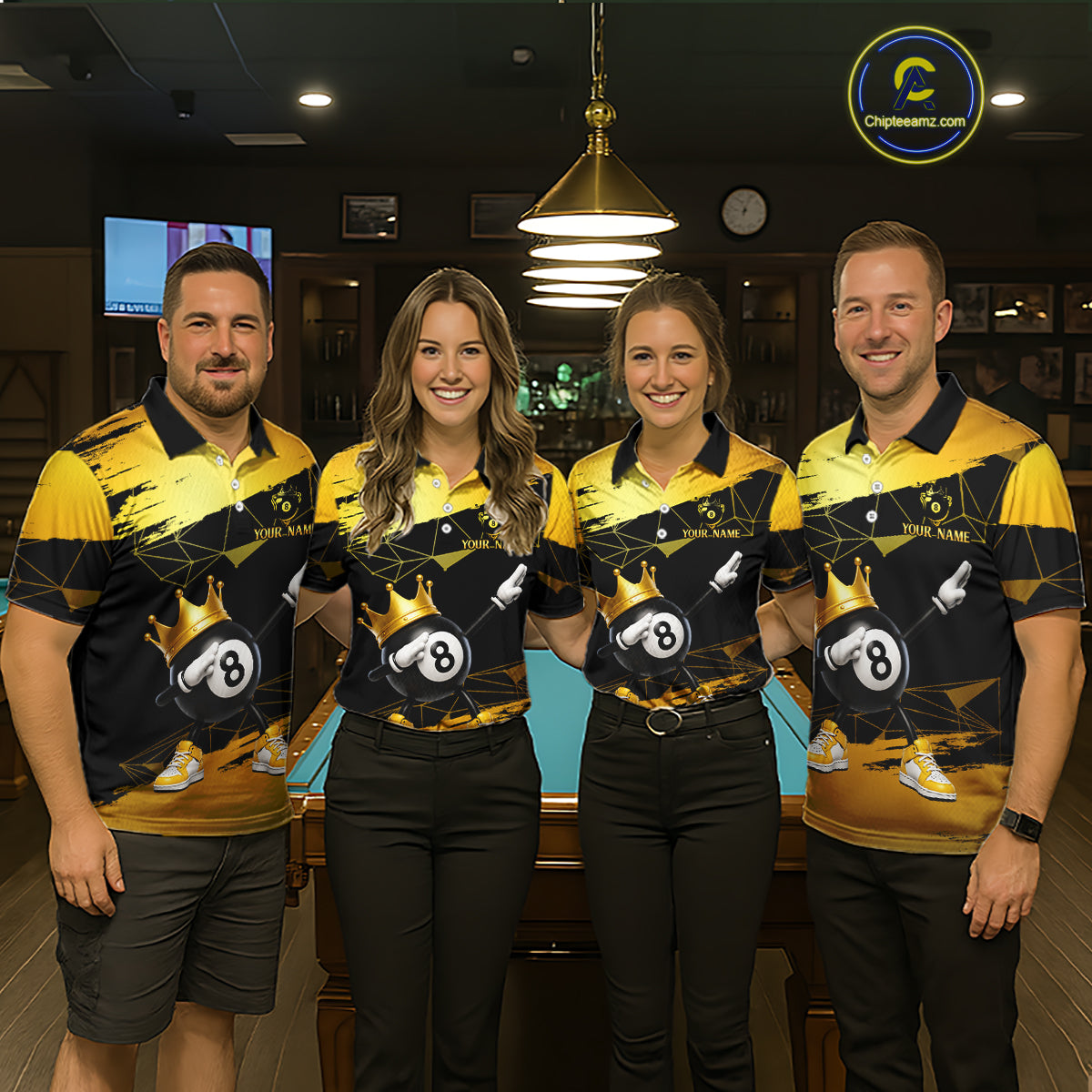 Front view of billiard team wearing matching custom black and gold geometric crown 8 ball billiard polo shirts with personalized team name