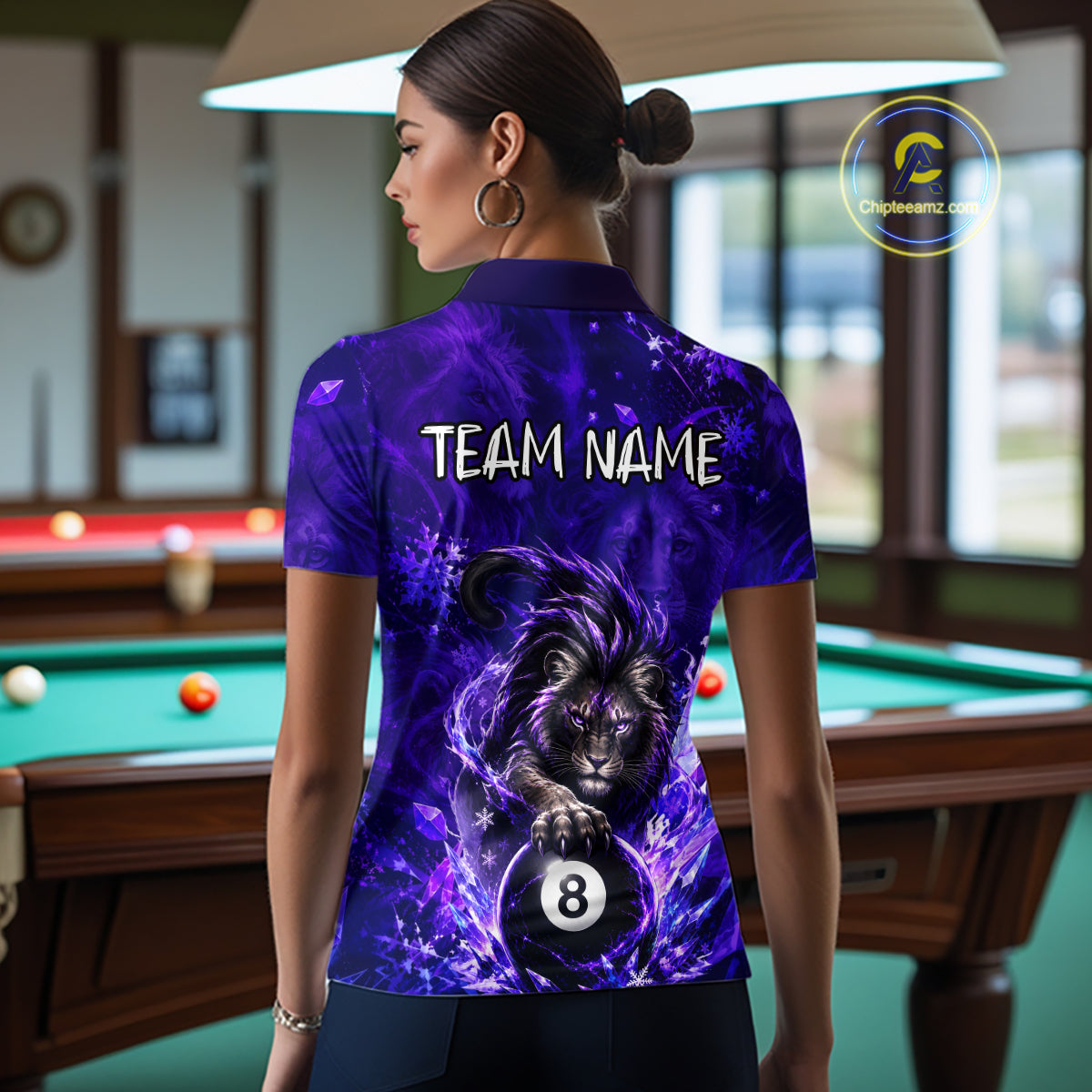 Custom Fierce Lion Billiard Shirt for Women Purple 8 Ball Pool Team Jersey Polo & 1/4 Zip BHT107