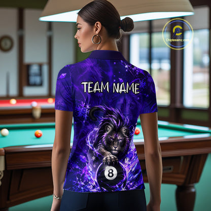 Custom Fierce Lion Billiard Shirt for Women Purple 8 Ball Pool Team Jersey Polo & 1/4 Zip BHT107