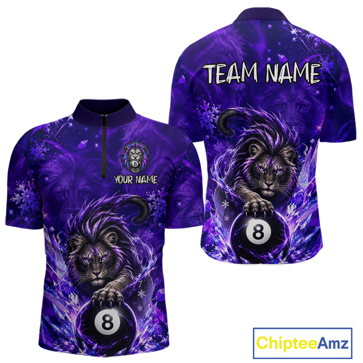Custom Fierce Lion Billiard Shirt for Men Purple 8 Ball Pool Team Jersey Polo & 1/4 Zip BHT107