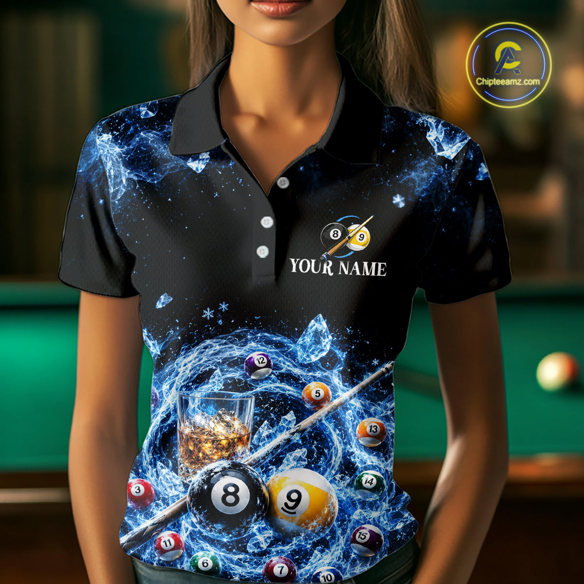 Custom Ice Whiskey Billiard Shirt for Women 8 Ball & 9 Ball Pool Jersey BHT126