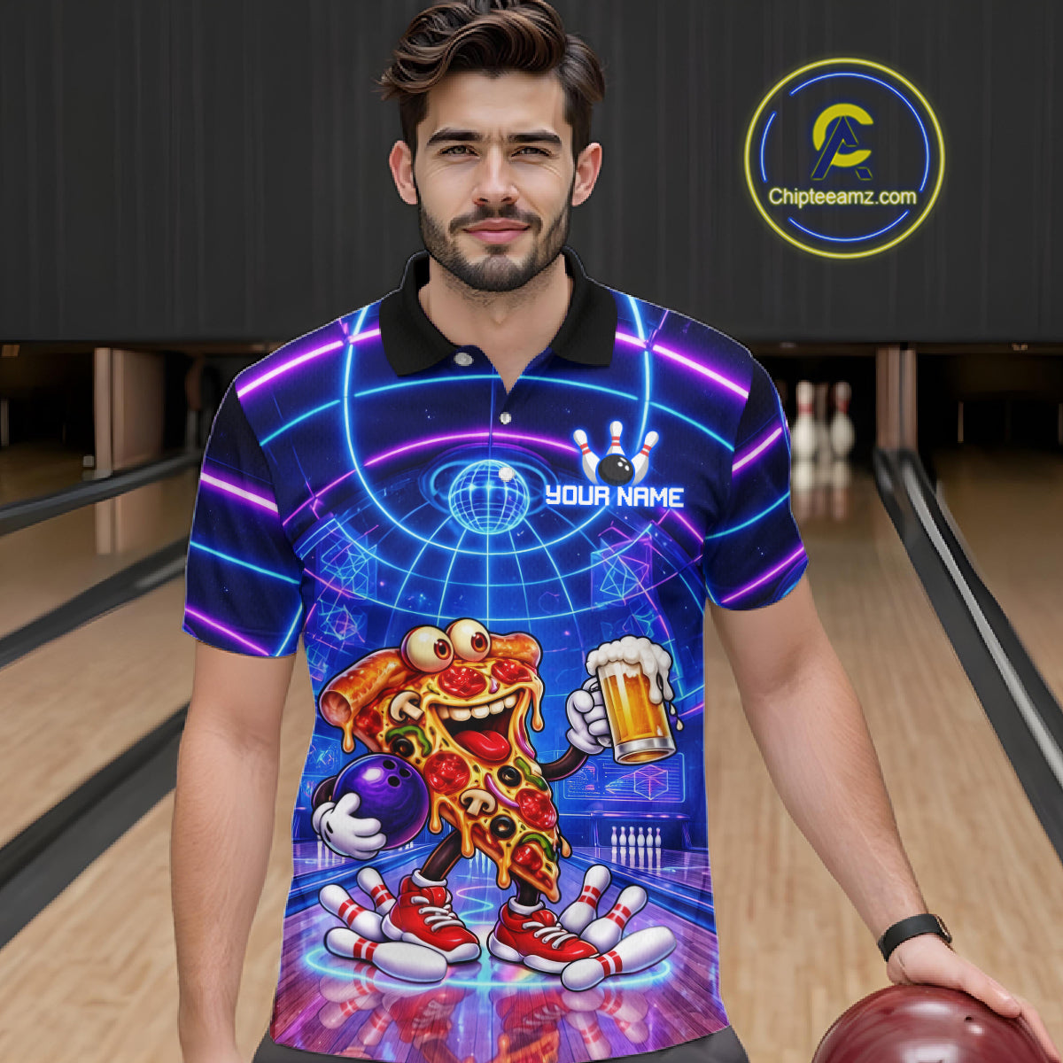 Custom Funny Pizza Bowling Team Shirt for Men Neon Bowling Jersey QZT1287