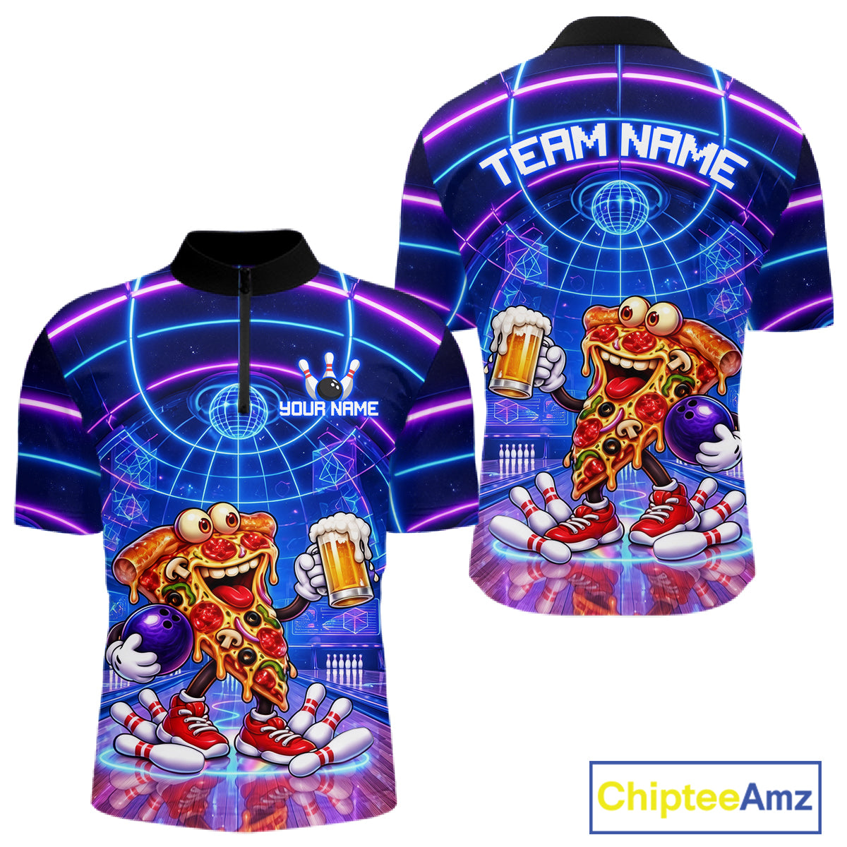 Custom Funny Pizza Bowling Team Shirt for Men Neon Bowling Jersey QZT1287