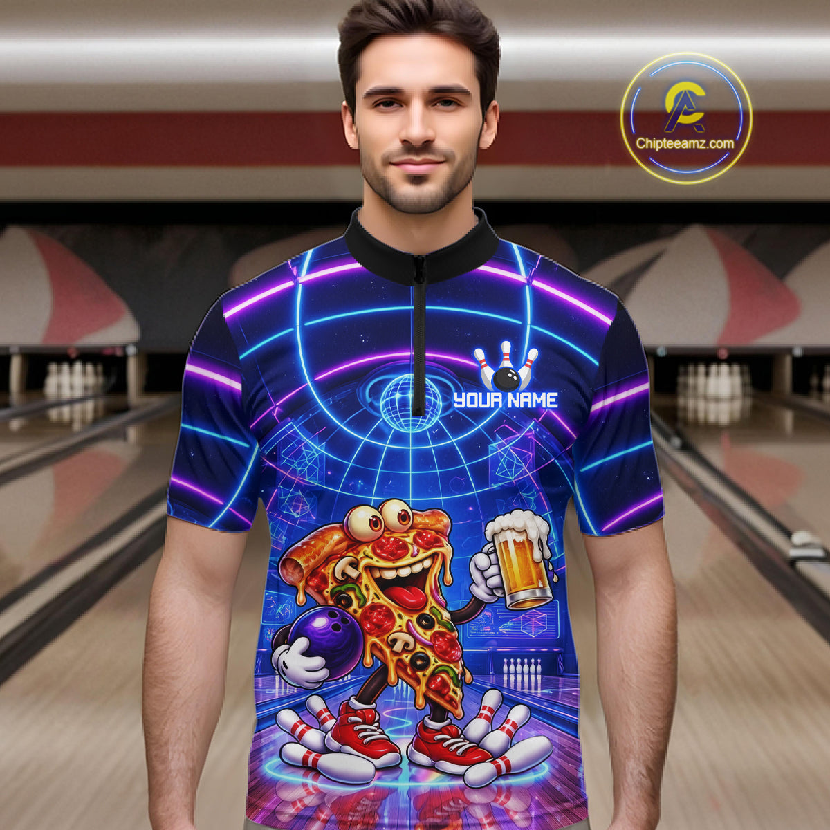 Custom Funny Pizza Bowling Team Shirt for Men Neon Bowling Jersey QZT1287
