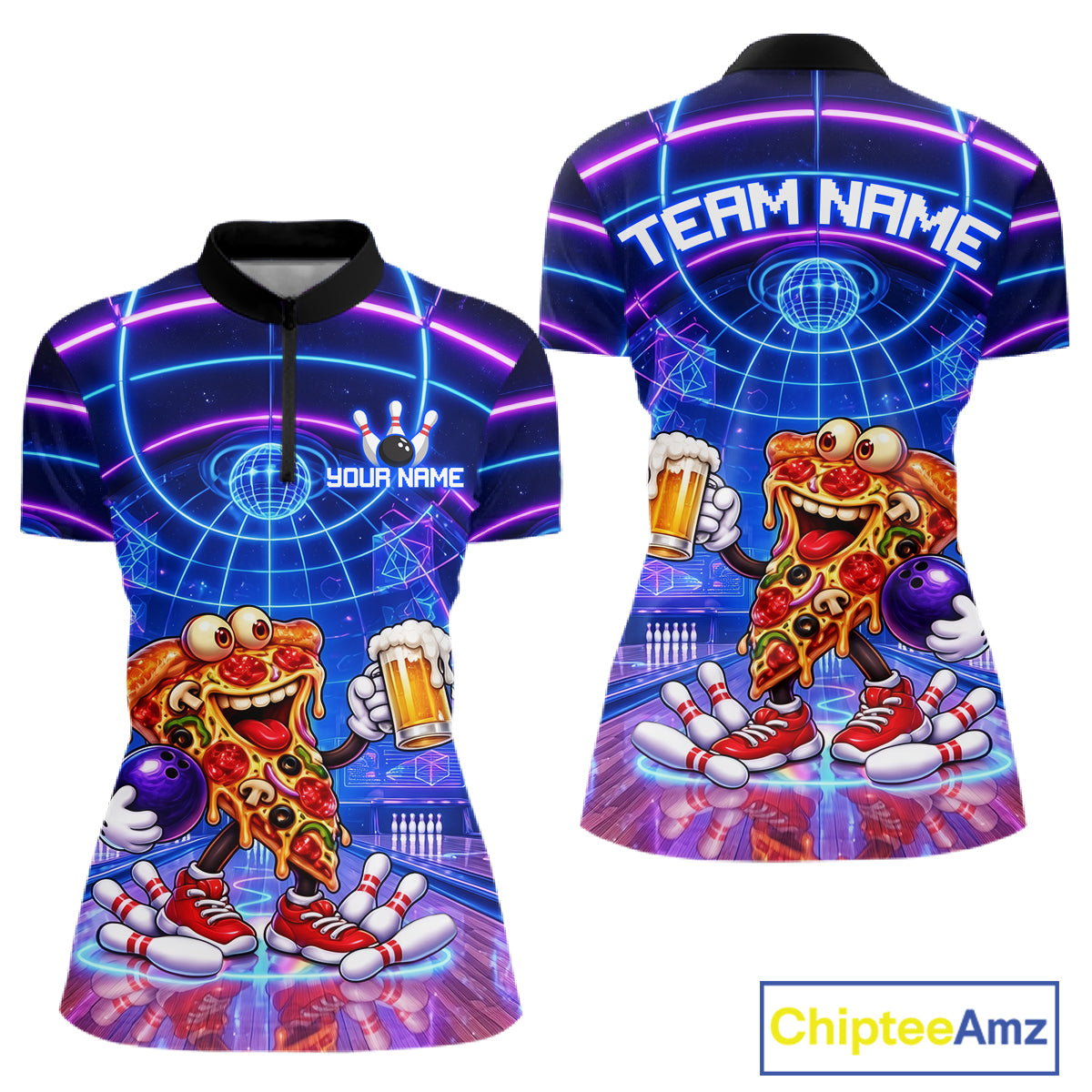 Custom Funny Pizza Bowling Team Shirt for Women Neon Bowling Jersey QZT1287