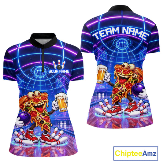 Custom Funny Pizza Bowling Team Shirt for Women Neon Bowling Jersey QZT1287