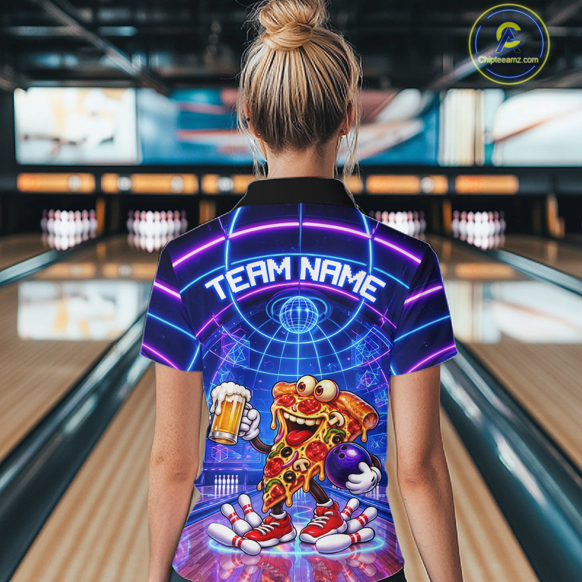 Custom Funny Pizza Bowling Team Shirt for Women Neon Bowling Jersey QZT1287