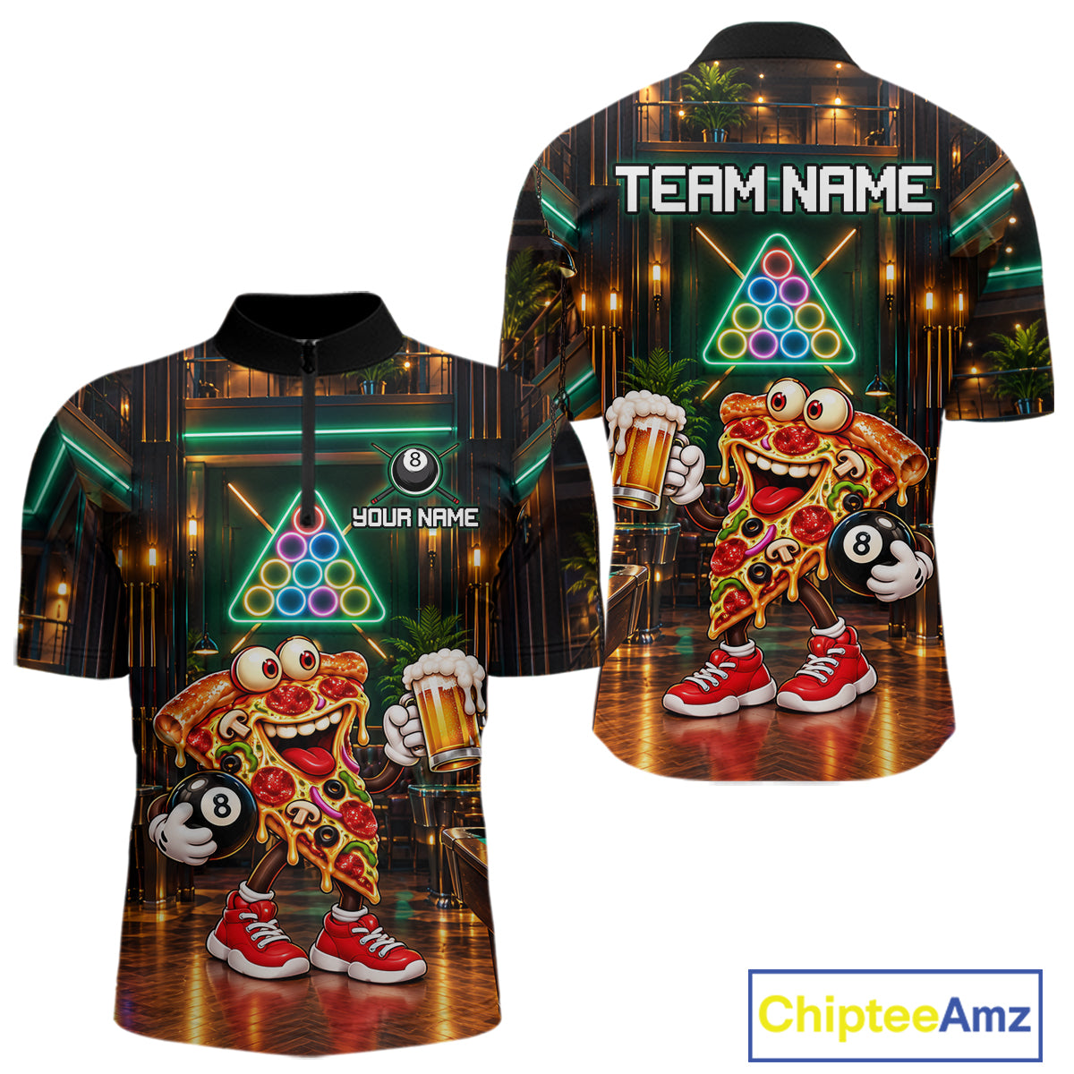 Custom Pizza & Beer Billiard Shirts for Men 8 Ball Funny Pool Jersey BHT127