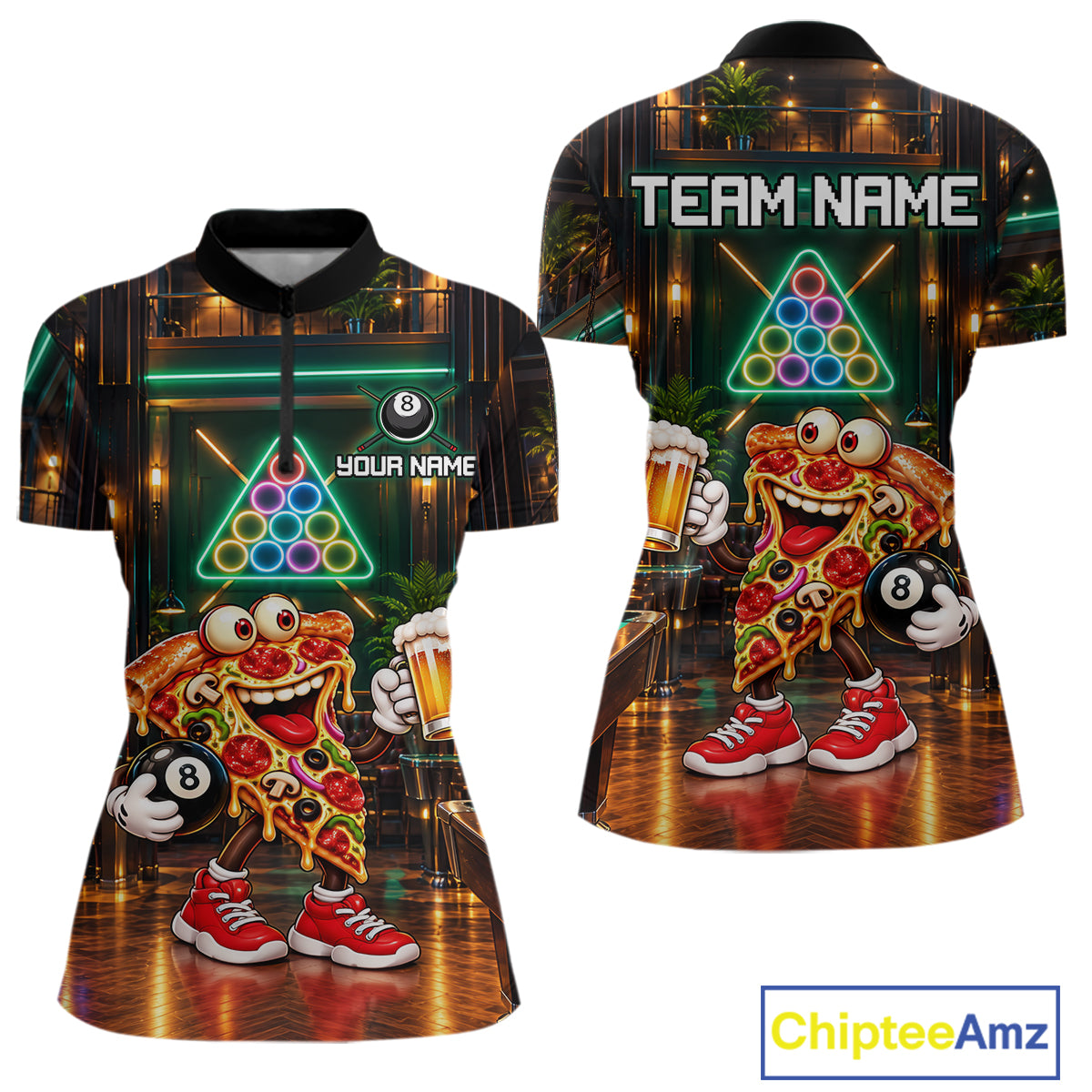 Custom Pizza & Beer Billiard Shirts for Women 8 Ball Funny Pool Jersey BHT127