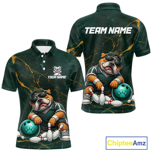 Custom Funny Bulldog Bowling Shirt Emerald & Antique Gold Bowling Jersey for Men Polo & 1/4-Zip QZT1357
