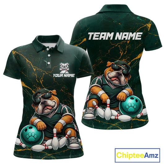 Custom Funny Bulldog Bowling Shirt for Women Emerald & Antique Gold Bowling Jersey Polo & 1/4-Zip QZT1357