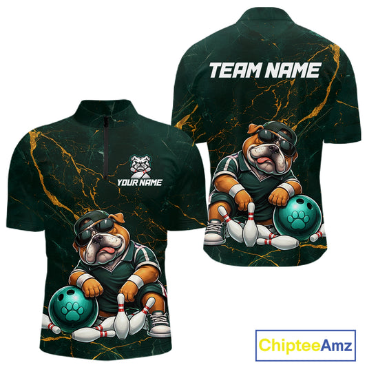 Custom Funny Bulldog Bowling Shirt Emerald & Antique Gold Bowling Jersey for Men Polo & 1/4-Zip QZT1357