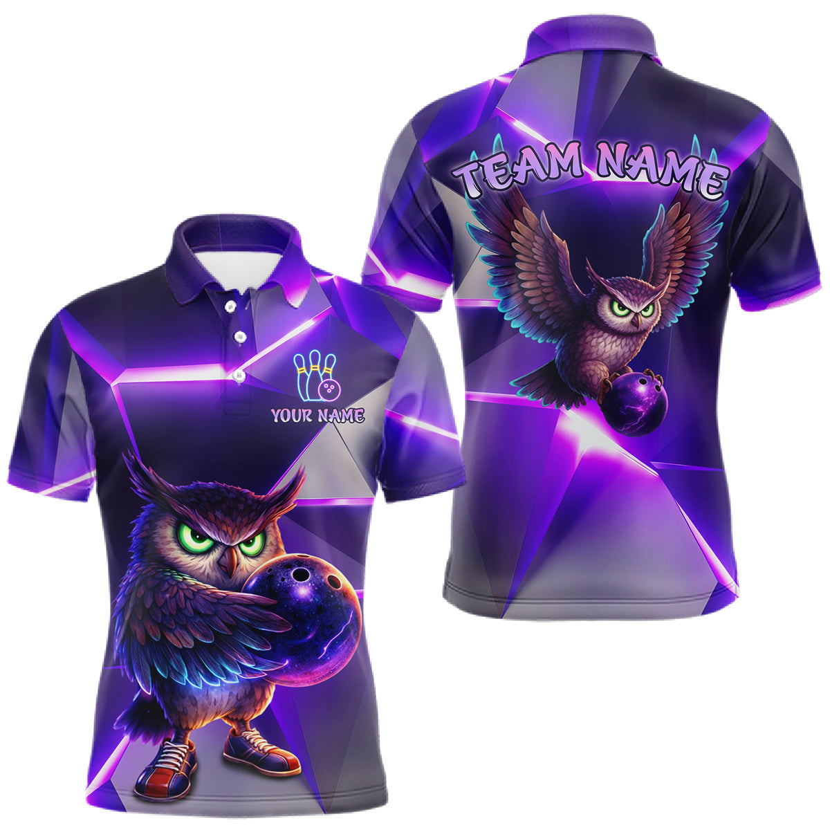 Personalized Purple Neon Owl Bowling Shirt for Men Bowling Jersey Gift for Bowler Polo & 1/4-Zip QZT904