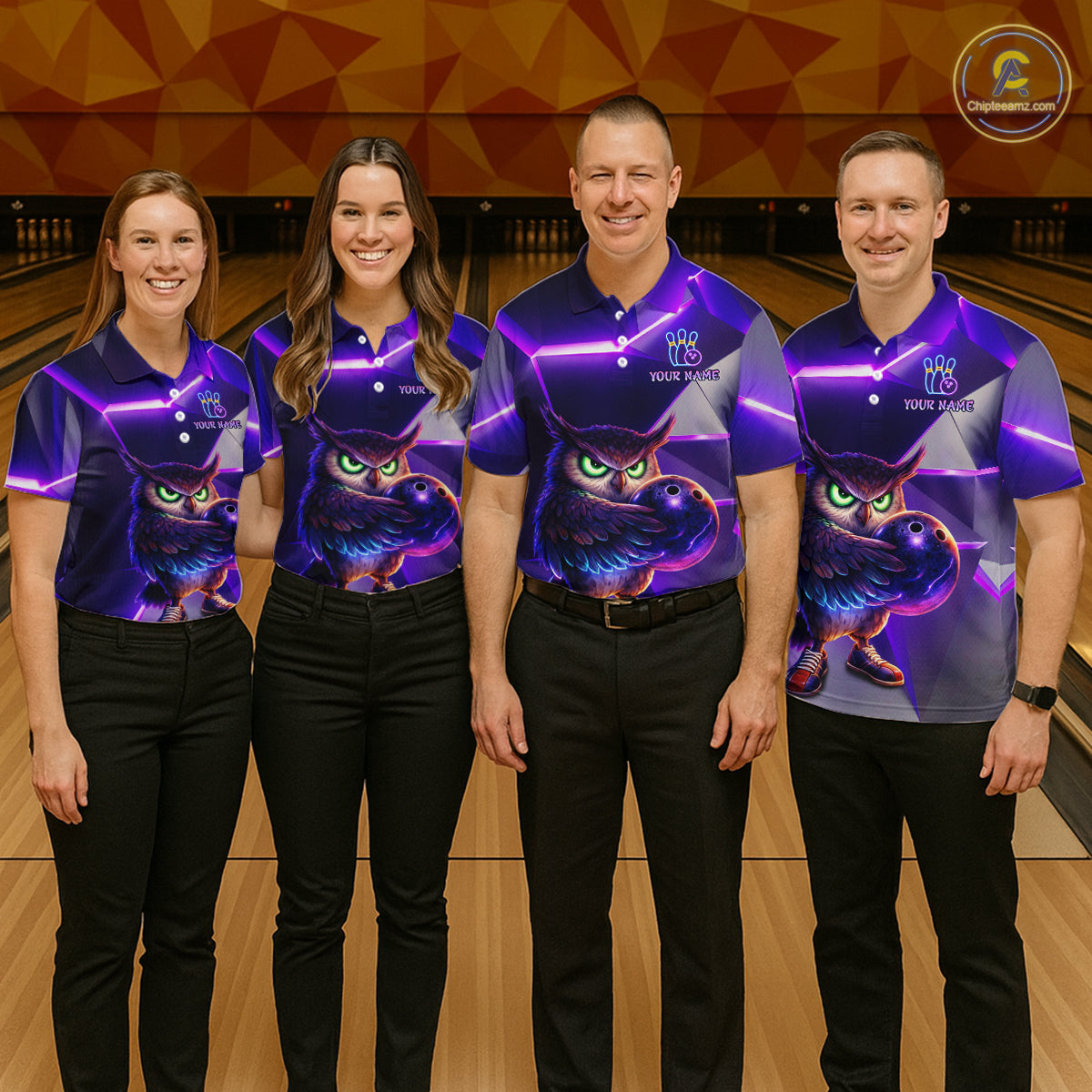 Personalized Purple Neon Owl Bowling Shirt for Men Bowling Jersey Gift for Bowler Polo & 1/4-Zip QZT904