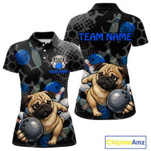 Load image into Gallery viewer, Custom Blue Funny Pug Dog Bowling League Shirt for Women Polo &amp; 1/4-Zip Bowling Jersey for Team QZT907