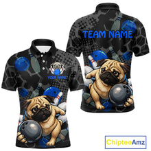 Load image into Gallery viewer, Polo shirt with pug dog design and bowling elements, featuring 'Team Name' and 'Your Name' text fields.