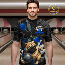 Load image into Gallery viewer, Man wearing a black bowling-themed shirt with a pug design in a bowling alley.