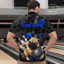 Load image into Gallery viewer, Person wearing a bowling-themed shirt with a pug graphic in a bowling alley.