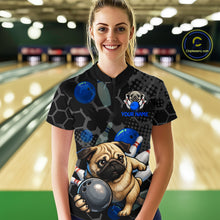 Load image into Gallery viewer, Custom Blue Funny Pug Dog Bowling League Shirt for Women Polo &amp; 1/4-Zip Bowling Jersey for Team QZT907