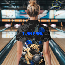 Load image into Gallery viewer, Custom Blue Funny Pug Dog Bowling League Shirt for Women Polo &amp; 1/4-Zip Bowling Jersey for Team QZT907