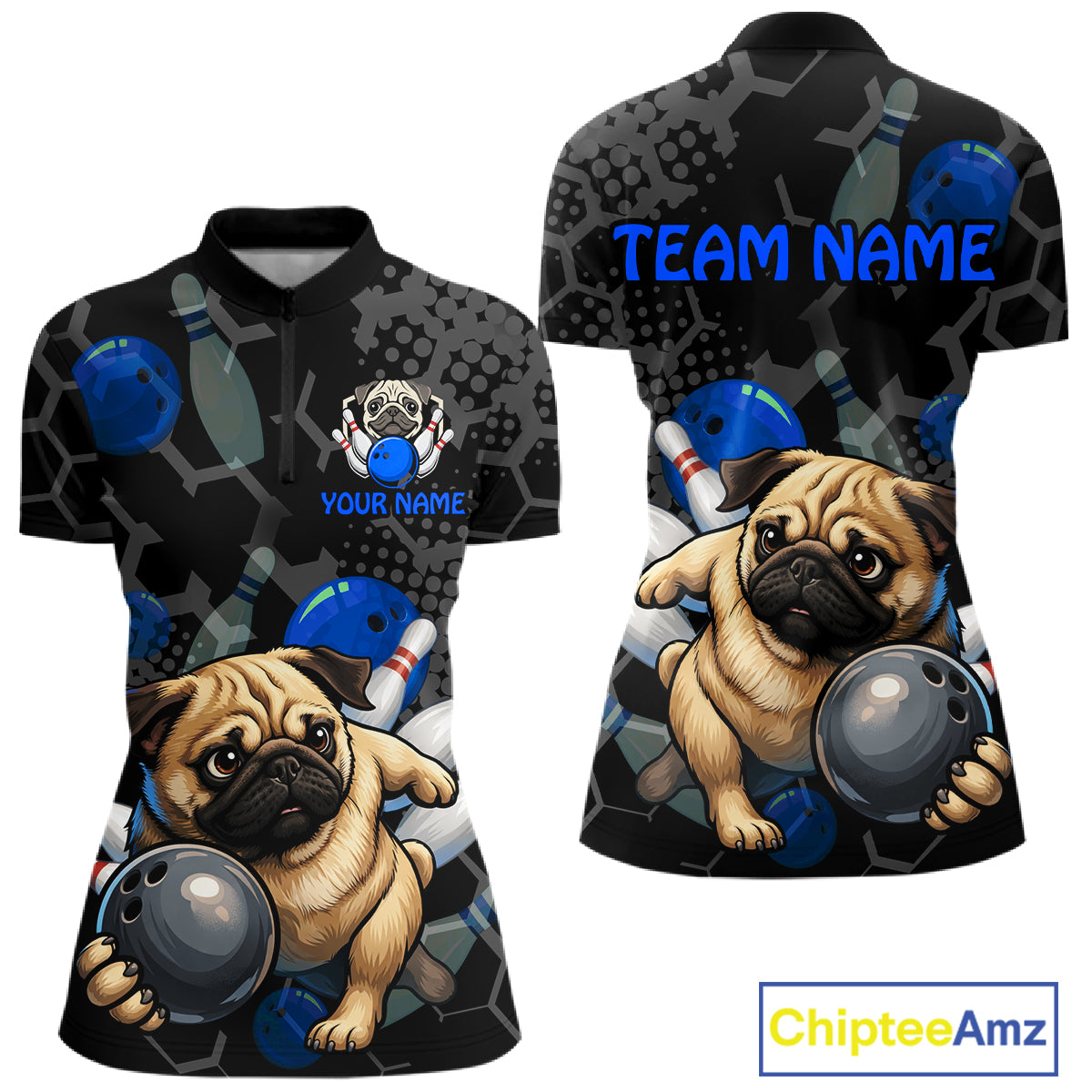 Two polo shirts with pug dog design and bowling elements, one with 'Team Name' and 'Your Name' text space.