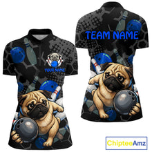 Load image into Gallery viewer, Custom Blue Funny Pug Dog Bowling League Shirt for Women Polo &amp; 1/4-Zip Bowling Jersey for Team QZT907
