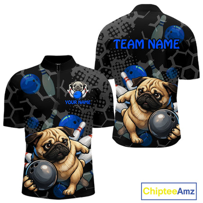 Black sports jersey with pug dog design and customizable text on a white background
