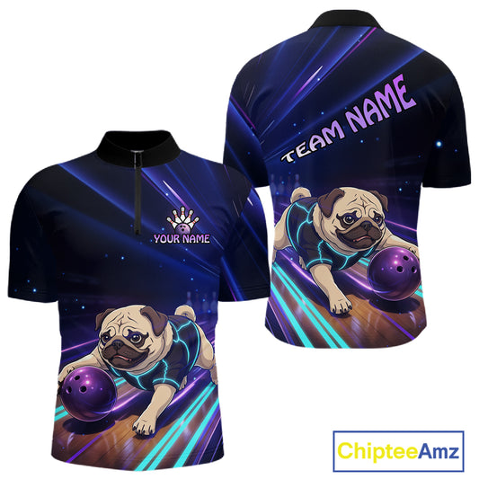 Funny Pug Dog Bowling Team Shirt for Men Custom Bowling Jersey Polo & 1/4-Zip Bowling Unisex QZT908