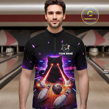 Load image into Gallery viewer, Custom Alien Cat Bowling Team Shirt for Men UFO Bowling League Jersey Polo &amp; Quarter-Zip Bowling Outfit QZT989