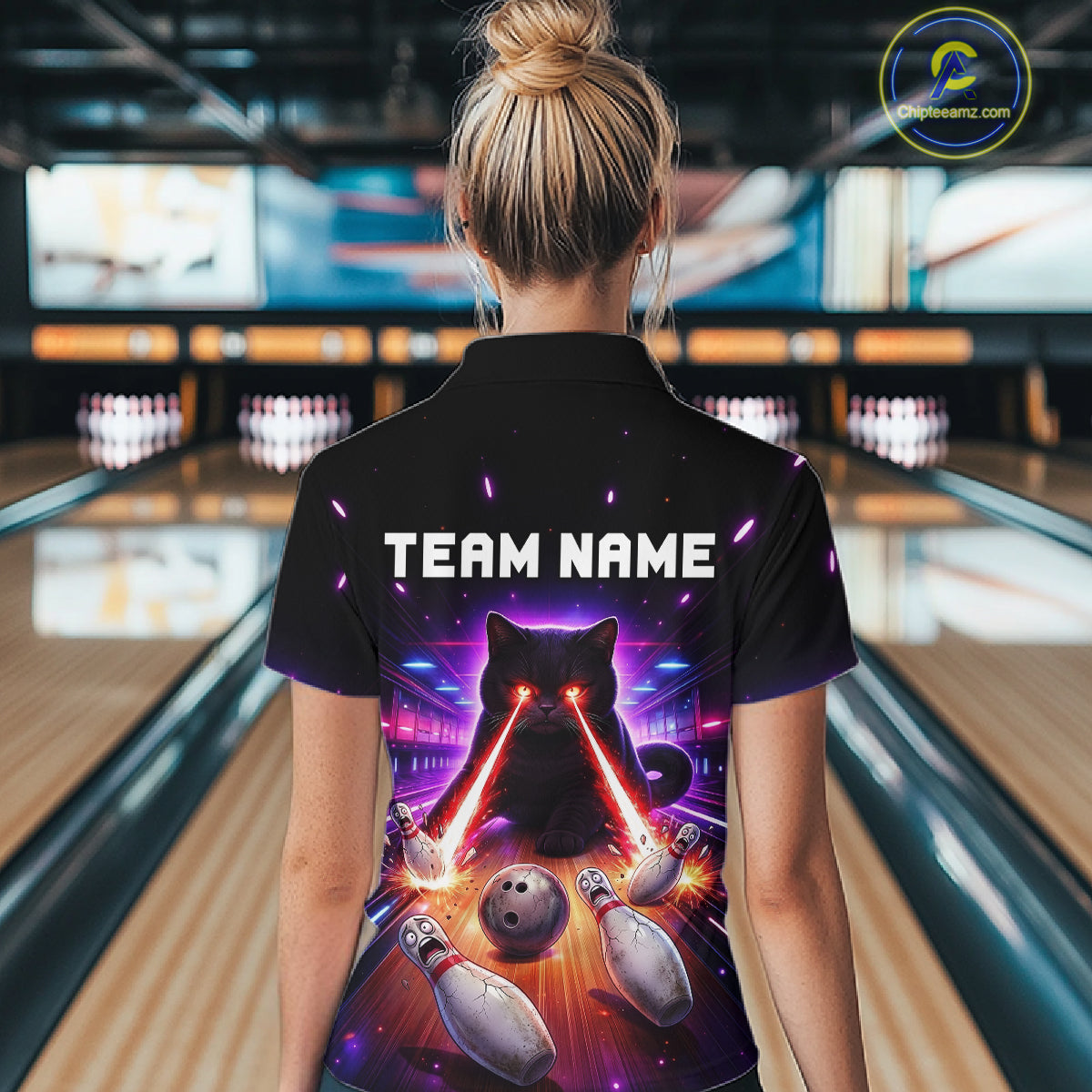 Custom Alien Cat Bowling Team Shirt for Women UFO Bowling League Jersey Polo & Quarter-Zip Bowling Outfit QZT989