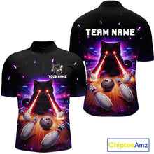 Load image into Gallery viewer, Custom Alien Cat Bowling Team Shirt for Men UFO Bowling League Jersey Polo &amp; Quarter-Zip Bowling Outfit QZT989