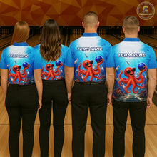 Load image into Gallery viewer, Four people wearing blue bowling shirts with octopus design and 'TEAM NAME' text at a bowling alley.