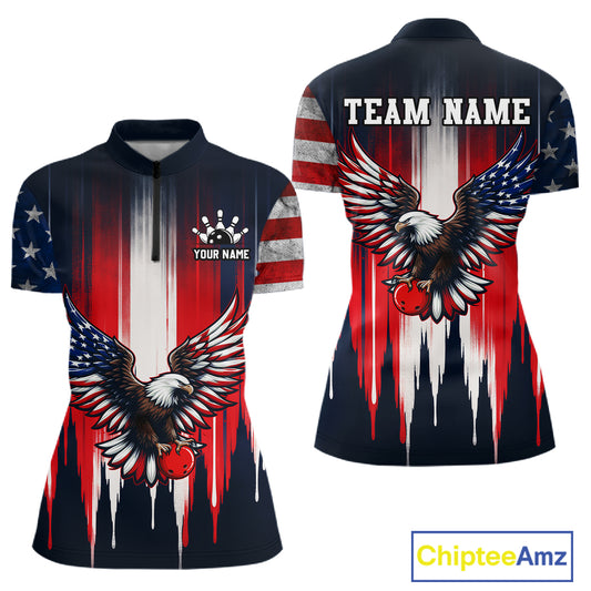 Polo shirt with American flag and eagle design, customizable text on a white background
