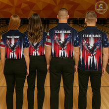 Load image into Gallery viewer, Four people wearing bowling shirts with eagle and American flag design on a bowling alley.